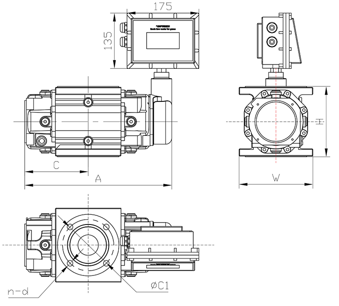 DN40氣體羅茨流量計(jì)外形尺寸圖